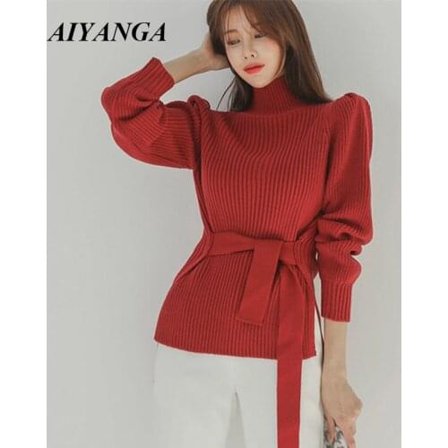 Turtleneck Ladies Puff Sleeve Womens Knitted Sweater New 2019 Korean Fashion With Belt Pullover And Jumper Elegant Sweaters