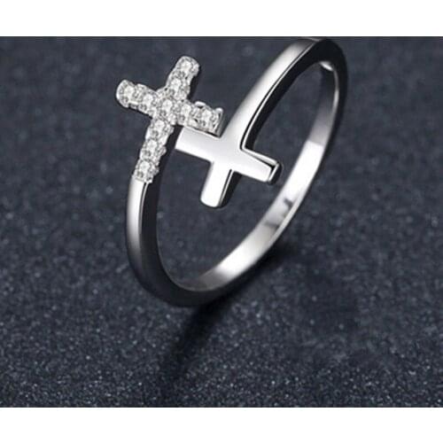 Women Girls Classic Double Cross Inlaid AAA Zircon Open Style Ring Adjustable Fashion Jewelry Gifts R0082