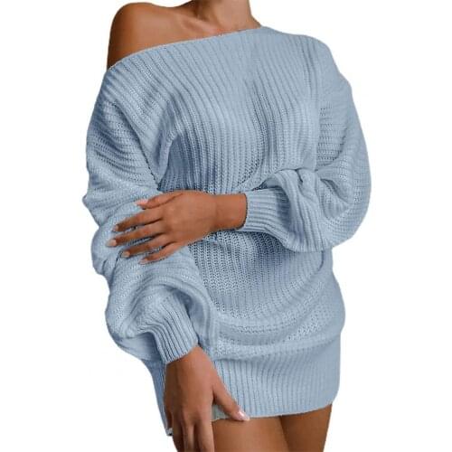 Autumn Winter Women Knitted Dress Casual Solid Color Above Knee Off-shoulder Lantern Sleeve Mini Dress robe femme Vestidos 2021