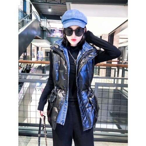 Winter Autumn Denim Collar Slim Puffer Vest Outwear Women Female Hollow Cotton Gold Sliver Waistcoat Ladies Sleeveless Jacket