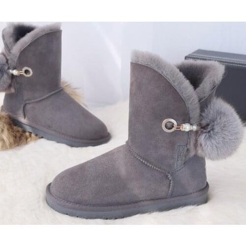 Winter Wool Snow Boots Australia Genuine Sheepskin Boots Women Leather Suede Mid-Calf Sweet Fox Fur Ball Winter Womens Boot