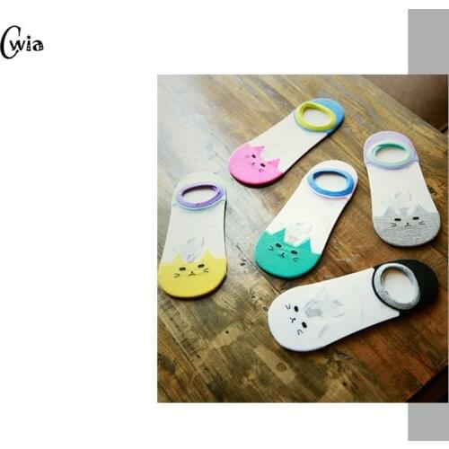 Small cat Cartoon Boat ankle low female Socks Woman Crystal Socks Full Cotton Invisible Glass Silk 10pcs=5pair ws121