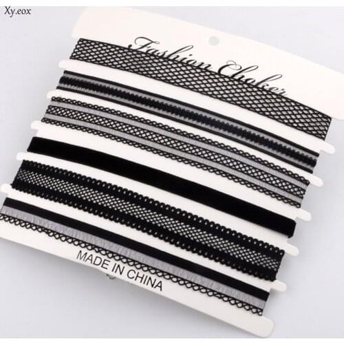 6pcs/Set Gothic Black Velvet Tattoo Lace Collar Choker Pendant Necklace