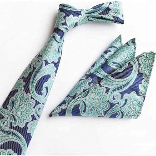 8cm Men Formal Necktie Set Mint Green Paisley Ties with Woven Pocket Square