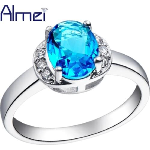 Almei 5%Off Rings For Women Bridal Silver Color Costume Jewelry Anillos Mujer Ring Blue Red Stone Crystal Anel Accessories J285