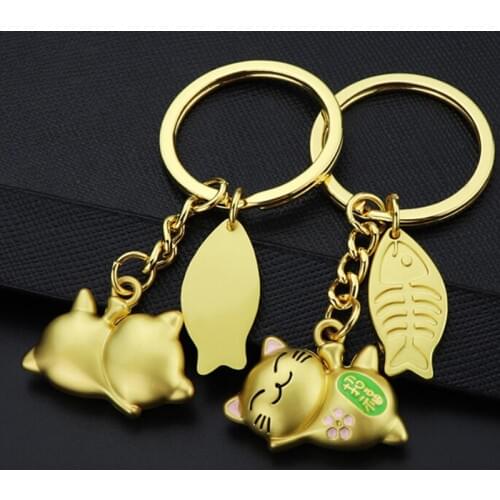 3D Cat With Fish Keychain Cute Key Ring For Women Kitten Lucky Cat Key Chain Key Holder Mens Car Portachiavi Chaveiro Bag Charm
