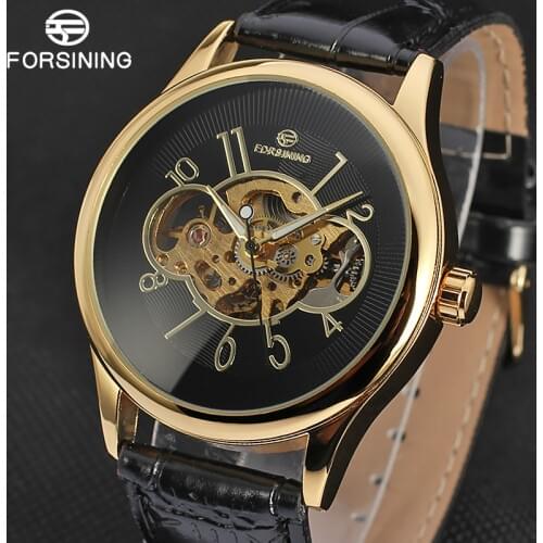 FORSINING 2018 Brand Men Fashion Casual Watches Men Skeleton Mechanical Hand Wind Black Leather Wristwatches Relogio Masculino