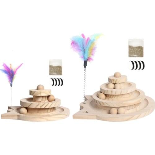 Wooden 2/3 Levels Pet Cat Toy Tower Tracks Disc Intelligence Amusement Triple Play Disc Ball Training Toys