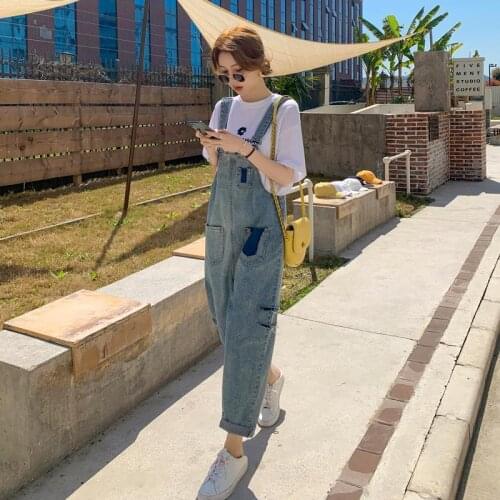Denim Bib Women Summer Korean Style Loose and Thin Western Style Straight Wide-leg Jeans Woman High-waisted Jeans Woman