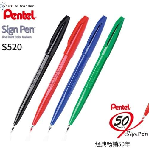 6Pcs/Pentel Sign Pen Fiber-Tipped Pen , Felt Tip Micron Marker 6 Pieces Blue Black Red Green Ink Branded S520