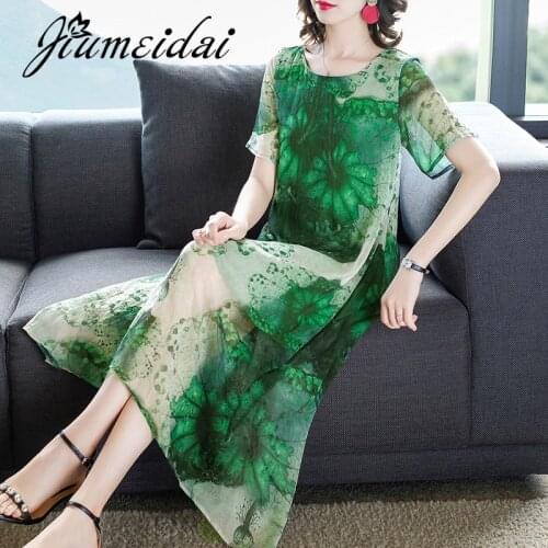 JiuMeiDai 2021 Women Summer A-Line Dress Office Lady Elegant Printed Long Dresses Female O-Neck Fahion Party Clothing Plus Size