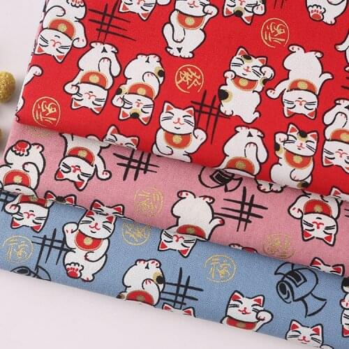 Red Blue Pink Japanese Fortune Cat Bronzing Cotton Fabric Cloth For Sewing Kimono Dolls & Bags Needlework Patchwork
