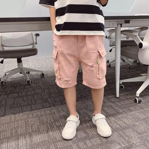 Summer Boys multi-pocket overalls Loose Cotton Ripped hole Short Casual pants Boys Knee Length Half pants Straight cargo Pants