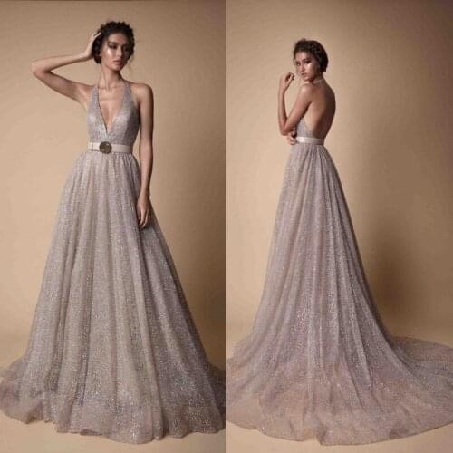 2020 Evening Dresses Halter Neck Sleeveless Lace Sequins Special Occasion Gowns Sexy Backless Sweep Train Prom Dress