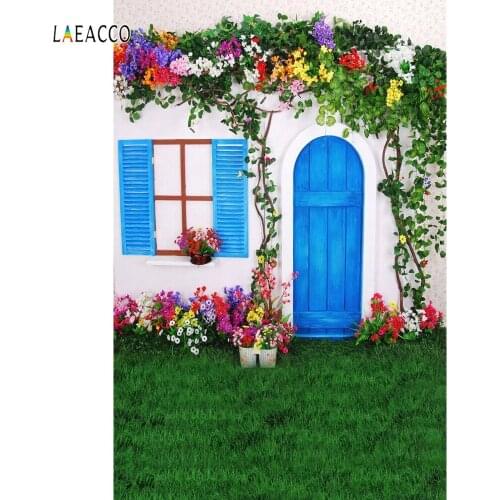 Laeacco Blue Window Door Yard Flower Vines Lawn Baby Photography Backgrounds Vinyl Photographic Backdrops Props For Photo Studio