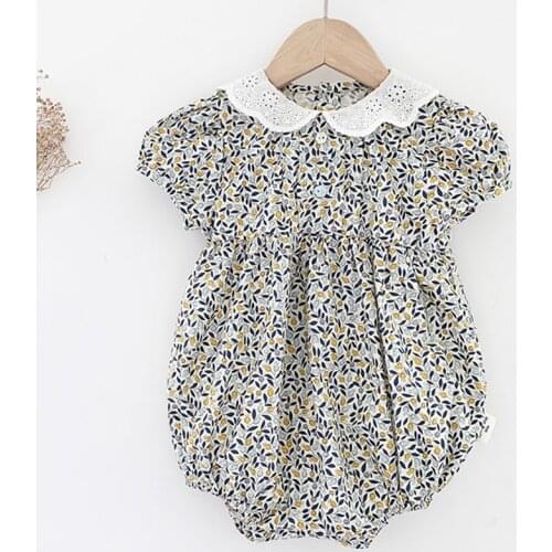 Adorable Princess Style Infant Girls Floral Rompers Summer Fall Short Sleeve White Lace Collar Overalls Toddler Girls Costu