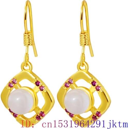 Jade Earring Women Fashion Natural Green Chalcedony Amulet Gifts Jewelry Zircon Gemstone 925 Silver Crystal