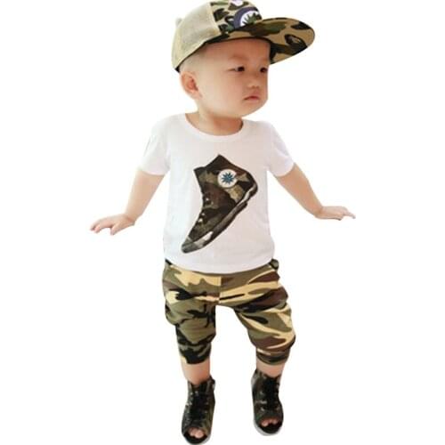 2015 new summer 0-4 year boys clothes 100% Cotton Korean Camouflage Style kids clothes sets T-shirt + camouflage pants 2pcs