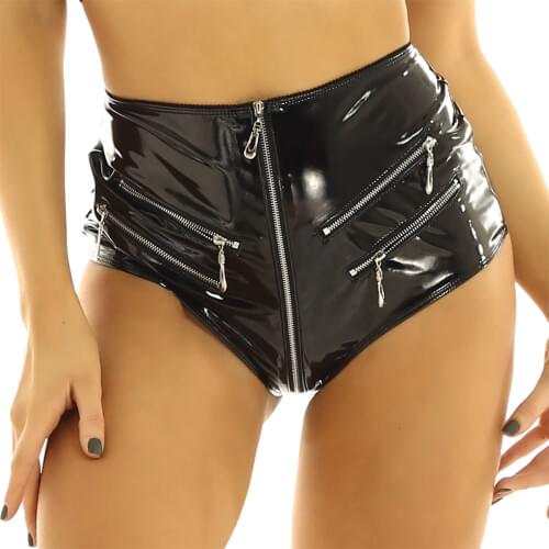 Sexy Women Black Patent Leather High Waist Front Zip Erotic Panties Pole Dance Mini Shorts Nightclub Party Festival Rave Costume