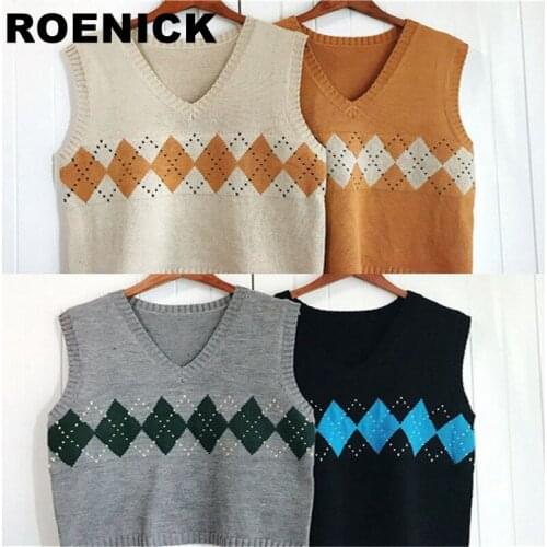 ROENICK Sweaters Vests Women Argyle Knitted V-neck Sweater Vest Womens Korean Preppy Style Sleeveless Casual Stylish Slim Chic