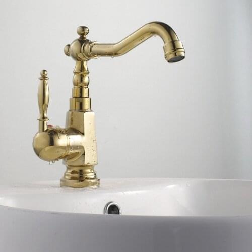 Luxury Polished Gold Color Deck Mount Bathroom Kitchen Basin Sink Faucet Single Holes/Handles Hot Cold Mixer Taps