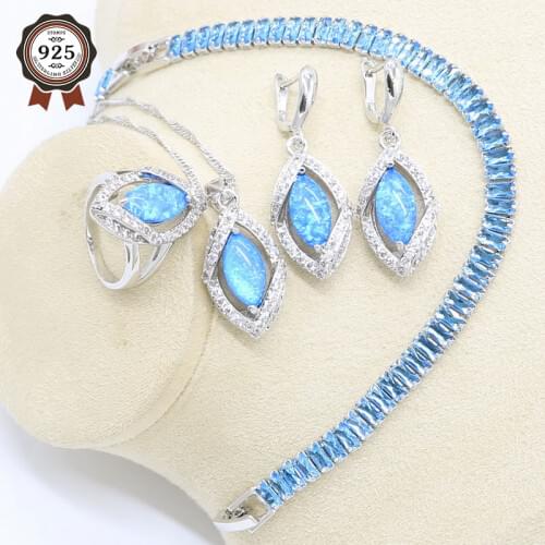 Blue Fire Opal Earrings Necklace Pendant Ring Silver Color Jewelry Set for Women Light Blue Crystal Bracelet Gift