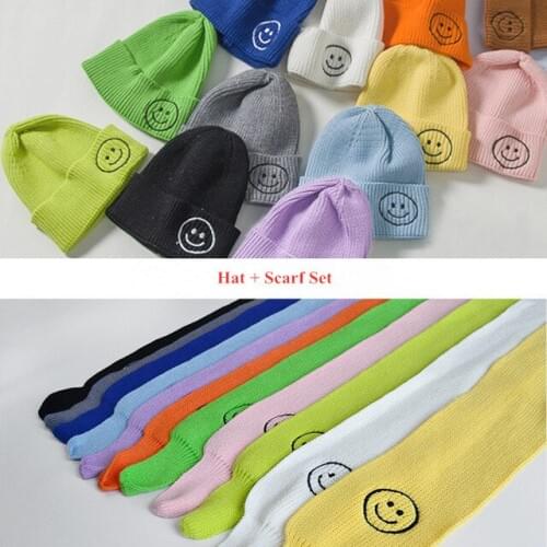 Baby Girls Boy Hat Scarf Set Winter Warm Children Beanie Hat Cute Smile Face Woolen Knitted Hats Scarf Kids Two Piece Set