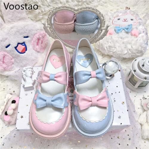 Japanese Sweet Lolita Shoes Women Kawaii Pink Fashion JK Round Head Shoes Preppy Style Girly Chic Cute Bow Mandarin Duck Shoes
