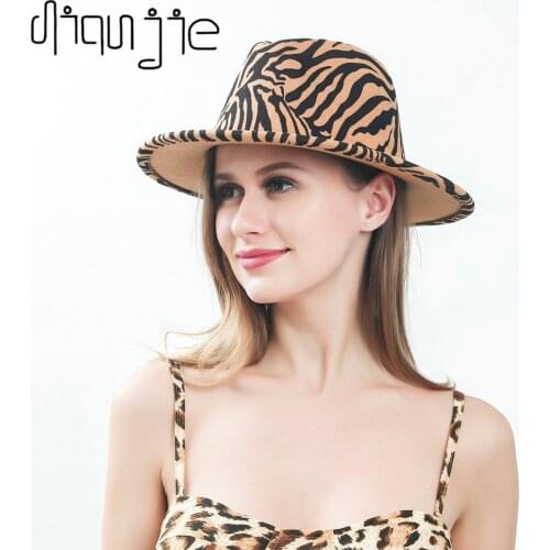 2021 winter fedora hats for women fashion Flat wide Brim Panama Wool Felt Jazz Fedora Hats for men Zebra pattern top wedding Hat