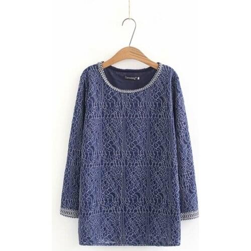 Plus size women lace blouse navy blue long sleeve top