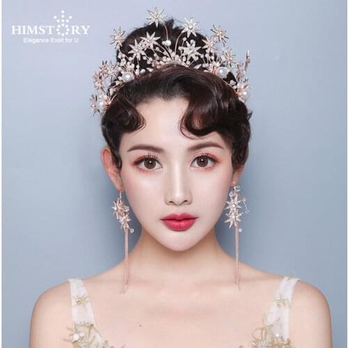 HIMSTORY Fashion Gold Tiara Crown Star Headband Bridal Wedding Hair Jewelry Pearl Women Party Headpiece Hair Accessory