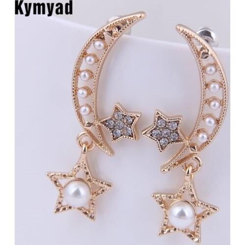 Kymyad Korean Earrings 2019 Gold Color Star Moon Long Earrings Simulated Pearl Statement Earrings For Women Crystal Pendientes