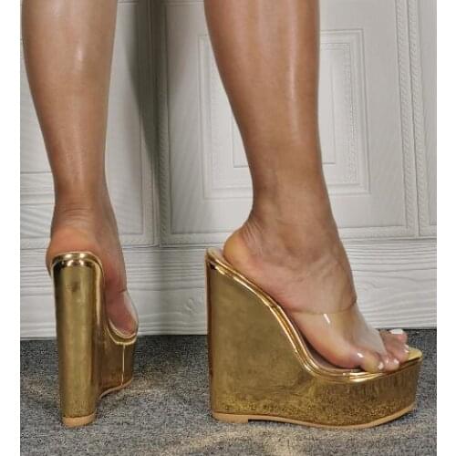 Girls Gold Wedges Platform Slippers Woman Clear PVC Peep Toe Casual Slip On Sandals Slides Pumps Shoes 100% Real Photos