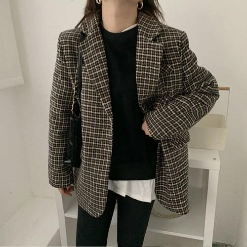 Women Winter Elegant Plaid Short Warm Blazer Coat Jacket Wool Overcoat Notched Collar Top Suits Outerwear
