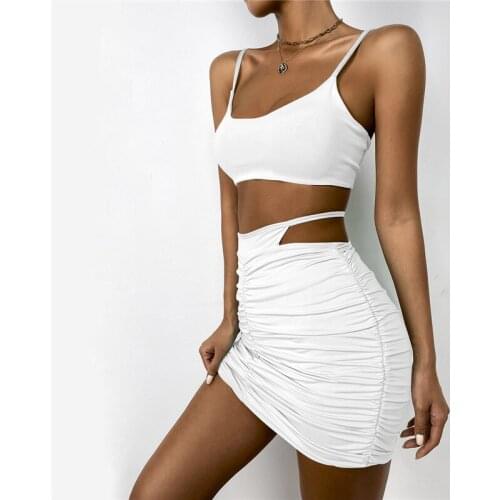 Sexy Camisole Short Skirt Two-Piece Suit Lace-Up Cut Out Folds Hip Dress Sets Faldas костюм женский летний Conjuntos De Vestido