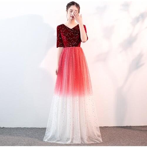 Evening Dress Sequins V-Neck A-Line Simple Half Sleeves New Burgundy A-Line Elegant Floor-Length Woman Formal Party Gowns A1317