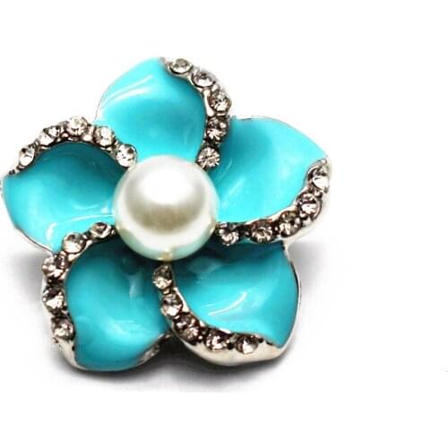 10pcs/lot Enamel Blue Flower Snap Buttons Pearl Crystal Snap Charms Fit 18mm DIY Women Snap Bracelets Necklace Jewelry Making