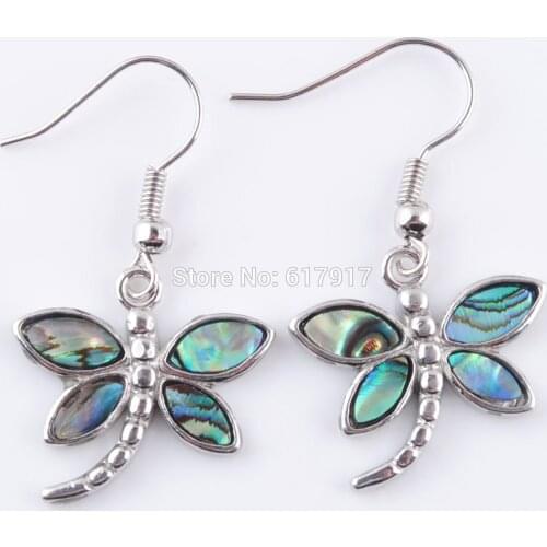 Free Shipping New Zealand Abalone Shell Gem Stones Dragonfly Beads Dangle Earrings Pair For Women Jewelry 1Pair TR3194