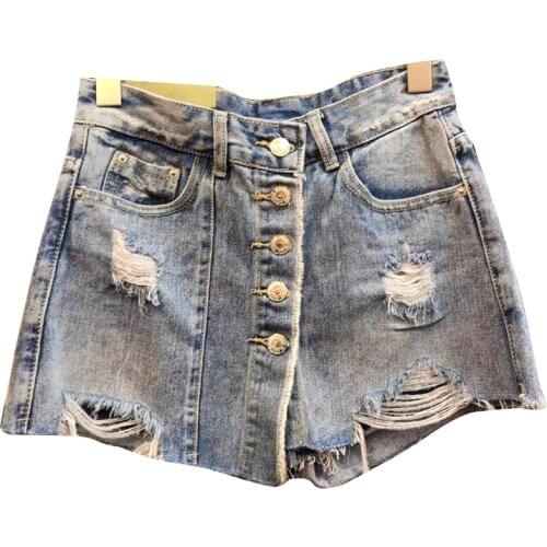 Plus size 5XL! Women Single Breasted Women Mini Denim Skirts Fashion Hole A-Line Slim package hip Jeans Skirts