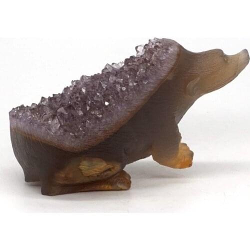 Hedgehog Statue Reiki Healing Natural Amethyst Agate Hollow Geode Decor 4.29"