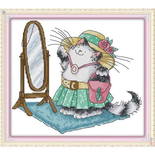 Joy Sunday A make-up Cat Chinese Cross Stitch Kits Ecological Cotton Clear Stamped Printed 11CT DIY Wedding Decoration For Home