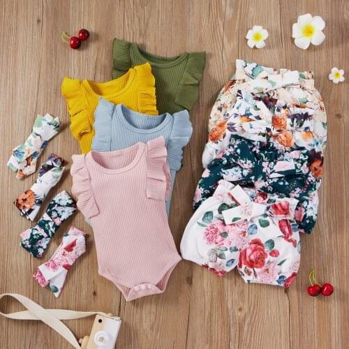 Newborn Baby Girls 3-piece Outfit Set Fly Sleeve Romper+Shorts+Headband Set for Kids Girls