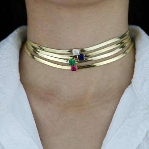 Iced Out Baguette Spare Rainbow Colorful CZ Paved 4MM wide Snake Bone Chain Choker Necklace For Lady Women Jewelry Drop ship