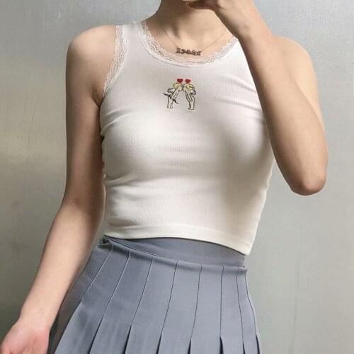 UNUTH Girls Soft Cotton O Neck Lace Sling 2021 Summer Fashion Ladies High Street Sexy Vest Female Printed Slim Sling Top