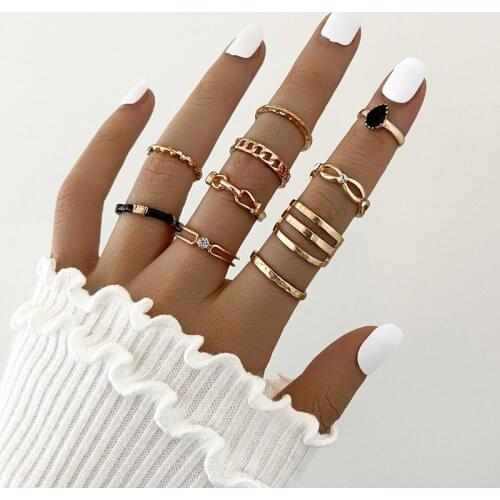 Fashion Vintage Gold Crystal Water Drop Rings for Women Trendy Geometric Hollow Rings Set Party Wedding Jewelry Accessories