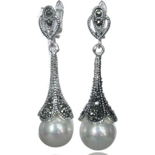 Fashion jewelry Free Shipping Marcasite 925 Sterling Silver White Round Shell Pearl Dangle Long Earrings 1.8"