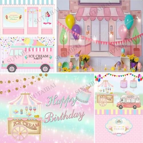 Ice Cream Truck Shop Car Girl Sweet Candy Bar Birthday Backdrop 1st Birthday Cake Smash Photo Booth Background Photocall Props