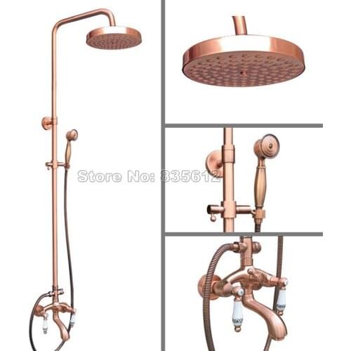 Antique Red Copper Bathroom Wall Mounted Rain Shower Faucet Set /Dual Ceramic Handles Bathtub Mixer Tap + Handheld Shower Wrg532