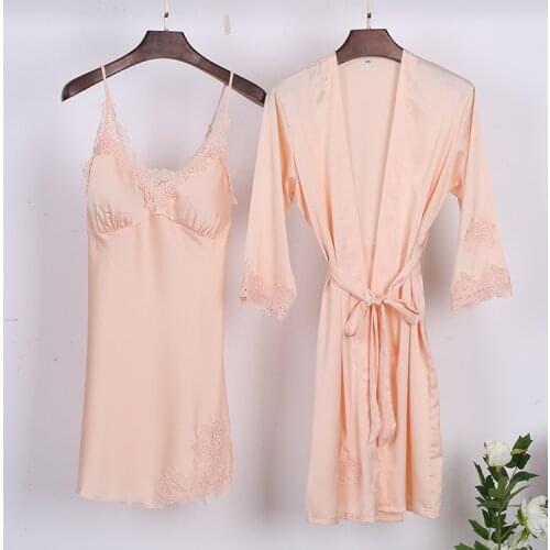 2018 NEW Womens 2PC Sleep Top Pants Suit Sexy Night Robe Sleepwear Sets Casual Summer Pajamas Sleep Nightwear Kimono Bath Gown