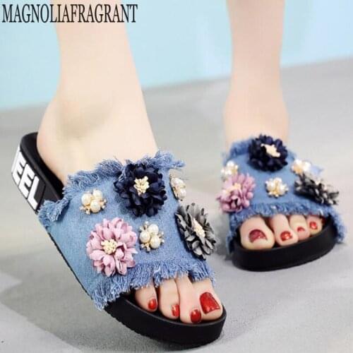 New summer slippers women Handmade flowers Beach slippers Zapatillas de mujer platform Flip Flops bathroom home slippers c531